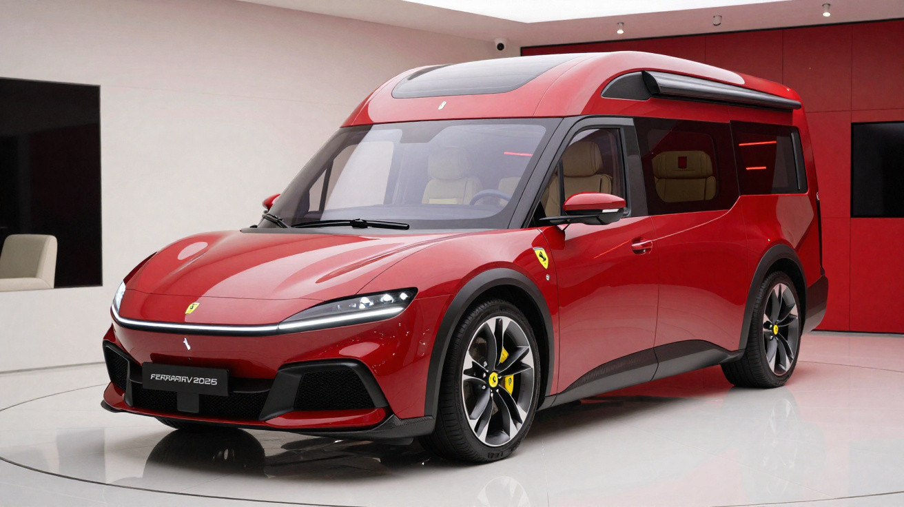 Carro elétrico vermelho Ferrari 2065 com design futurista, apresentado em ambiente interior moderno.