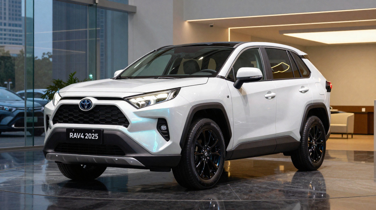 Toyota RAV4 branco modelo 2025 expositor em espaço interior moderno com chão refletor.
