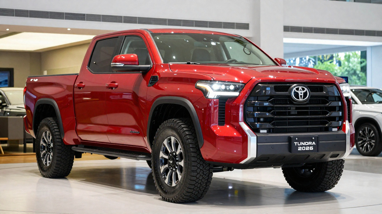 Pick-up Toyota Tundra 2026 vermelha exposta em concessionária moderna.