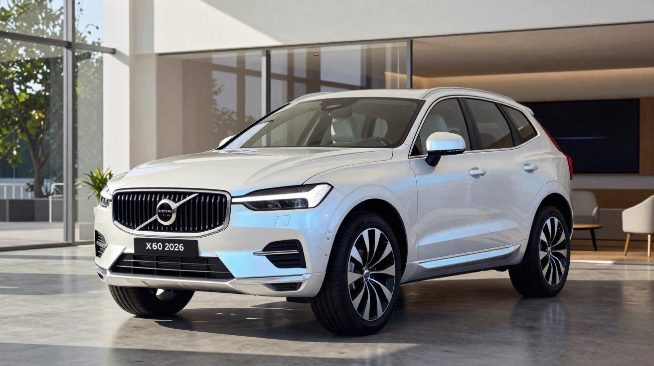 SUV Volvo XC60 2026 branco estacionado em espaço interior moderno e iluminado.