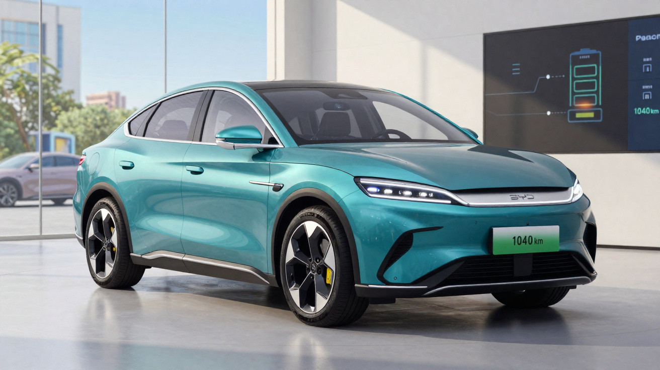 Carro elétrico azul metálico estacionado em sala de exposições com painel de autonomia ao fundo.
