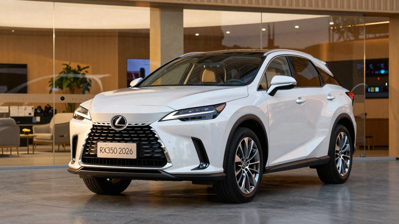 Veículo Lexus RX350 2026 branco estacionado em espaço interior moderno e luminoso.