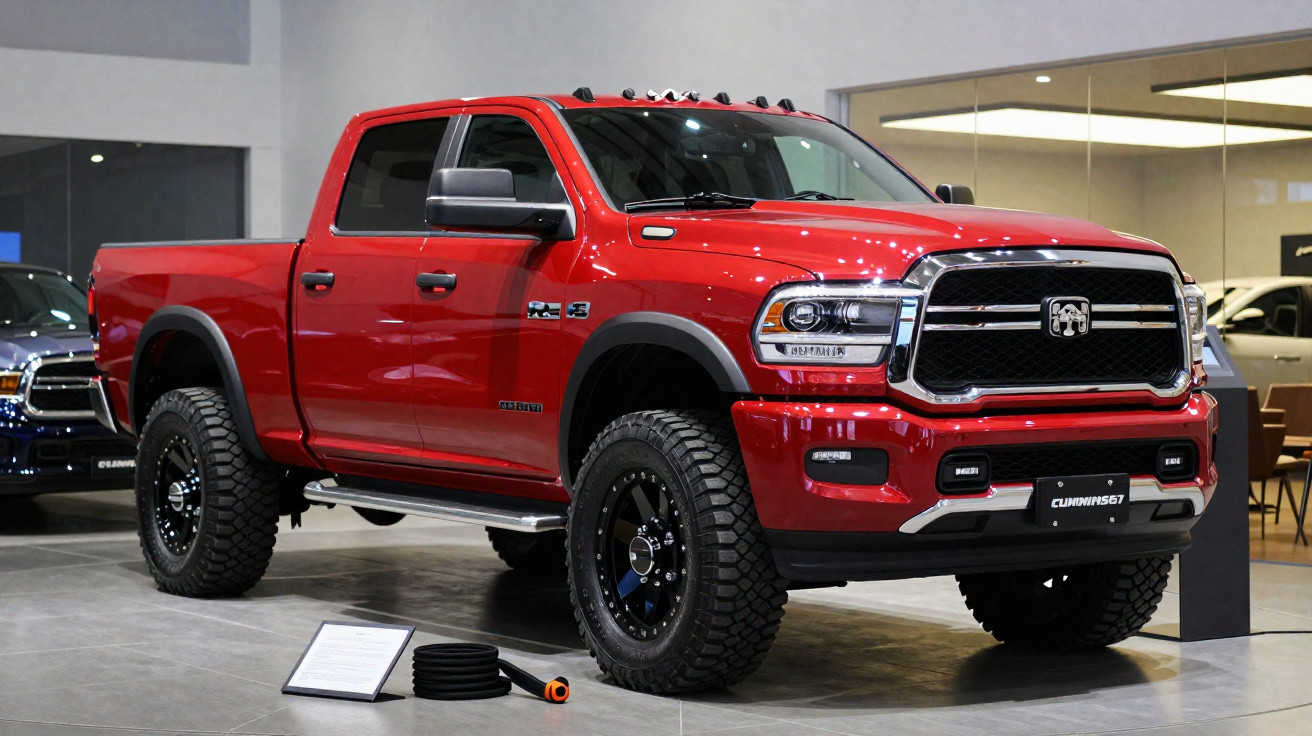 Picape vermelha robusta Dodge Ram 2500 exibida em showroom moderno com piso cinzento.