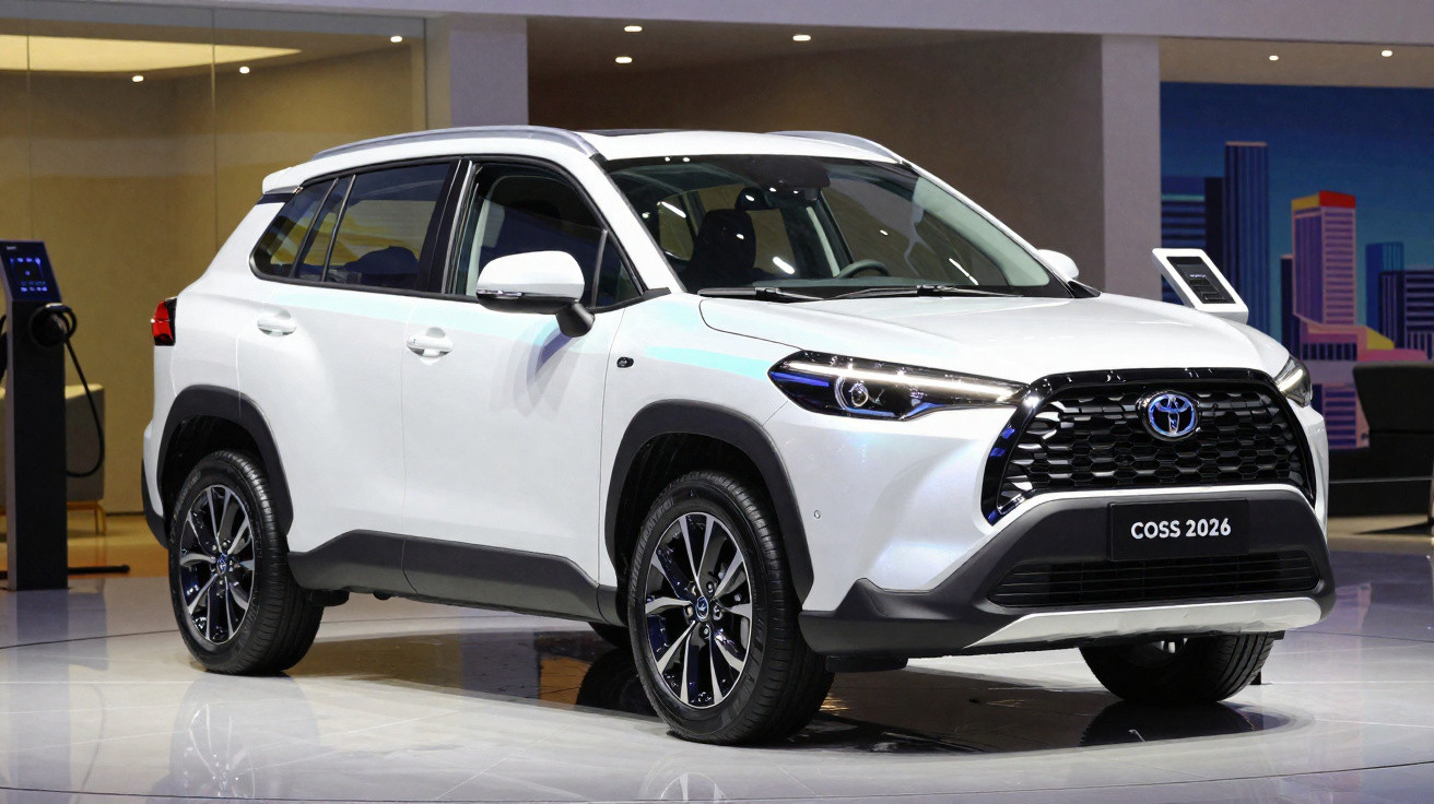 Carro Toyota Coss 2026 branco em exposição num salão automóvel moderno.