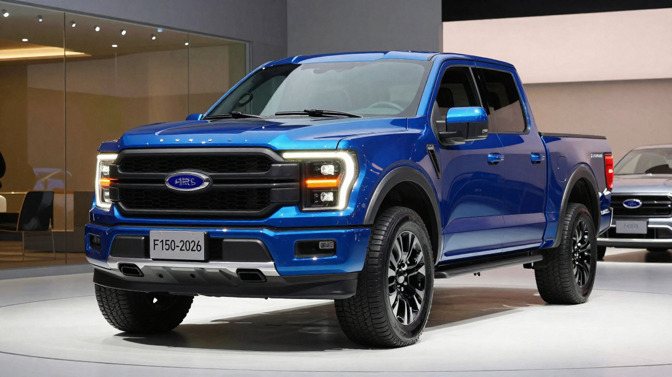 Pickup Ford F-150 azul metálico exibida em salão automóvel com iluminação interior.
