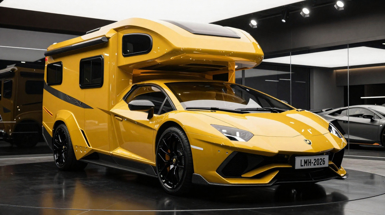 Carro desportivo amarelo com parte traseira transformada em autocaravana em espaço interior moderno e iluminado.