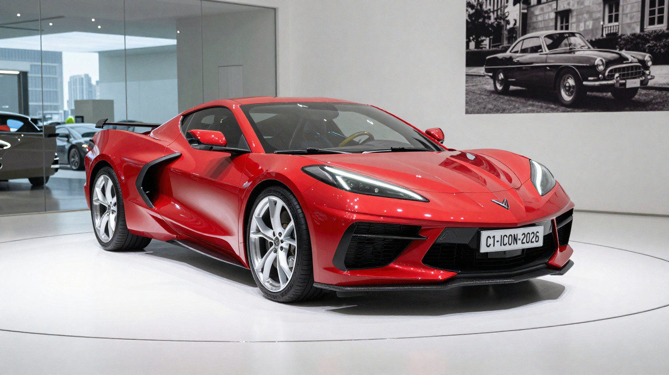 Carro desportivo vermelho brilhante em exposição numa sala moderna, visto de frente e ligeiramente de lado.