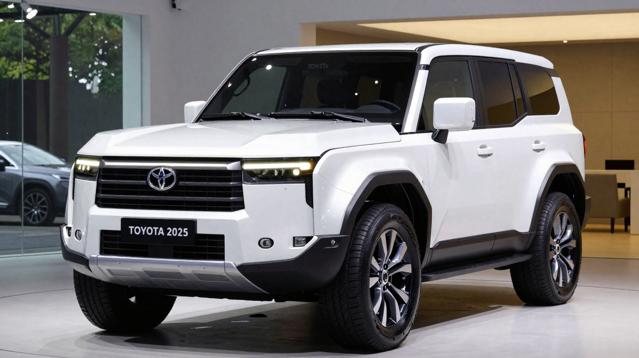 Carro SUV branco Toyota 2025 em exposição, ambiente interior iluminado, design moderno e robusto.
