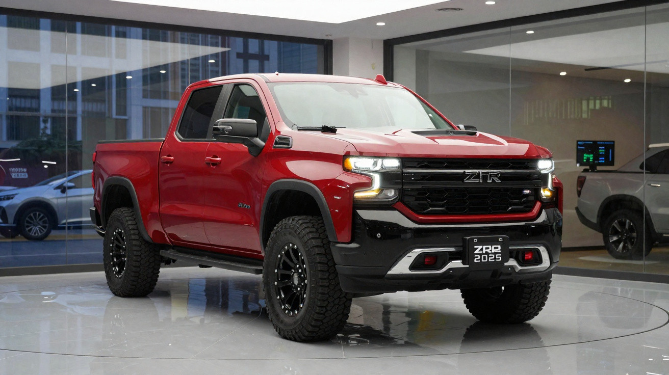 Pick-up grande vermelha ZTR 2025 estacionada em showroom com vidros e outro veículo ao fundo.
