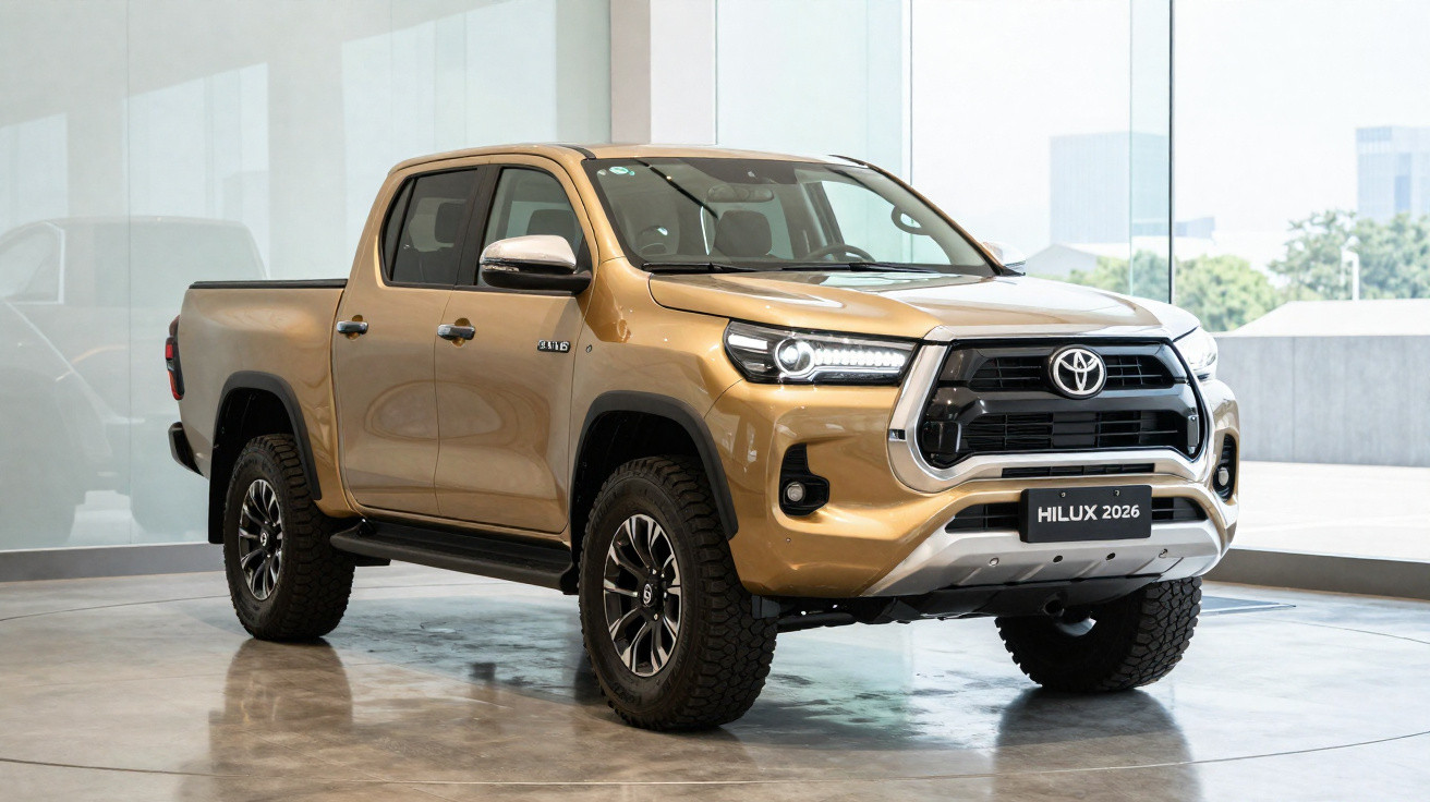 Pick-up Toyota Hilux 2026 dourada exposta em espaço interior moderno.