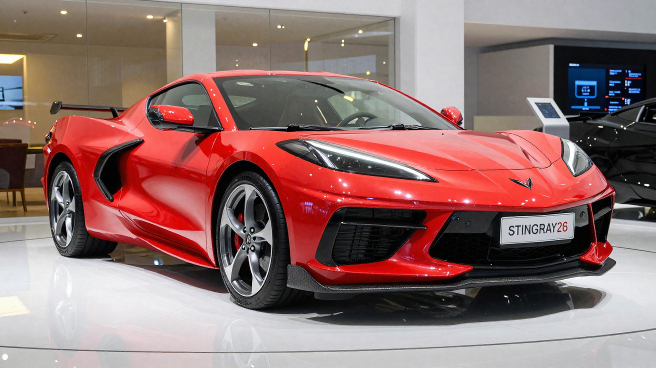 Carro desportivo vermelho Chevrolet Corvette Stingray exposto num salão com iluminação artificial.