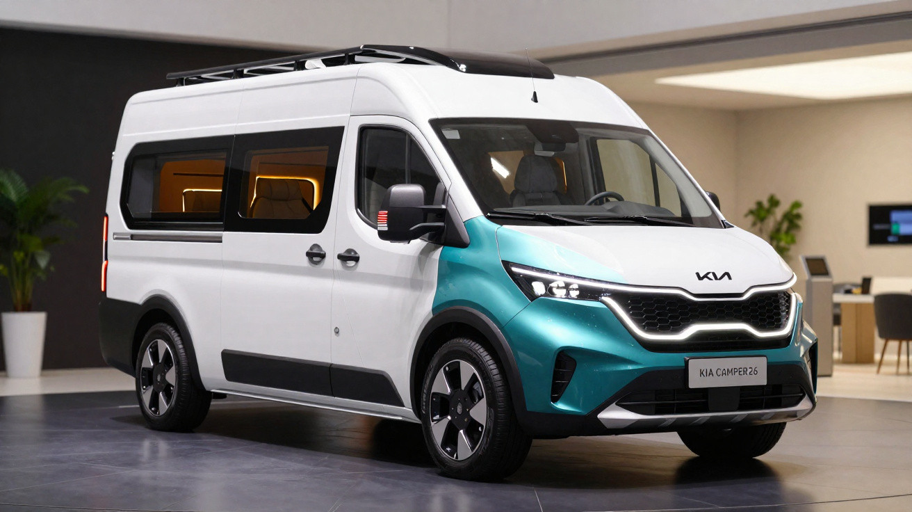 Carrinha Kia Camper 26 branca e azul com janelas amplas e tejadilho elevado, em exposição interior.