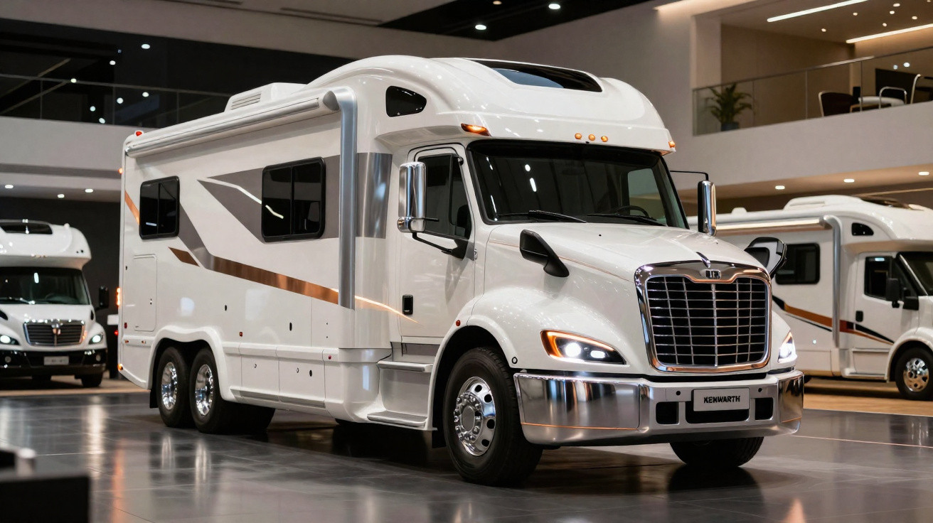 Autocaravana branca moderna e grande com detalhes cinza e laranja exposta em salão interior.