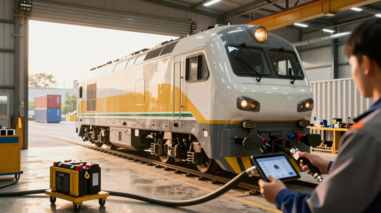 Locomotiva num armazém industrial com operador a controlar equipamento num tablet.
