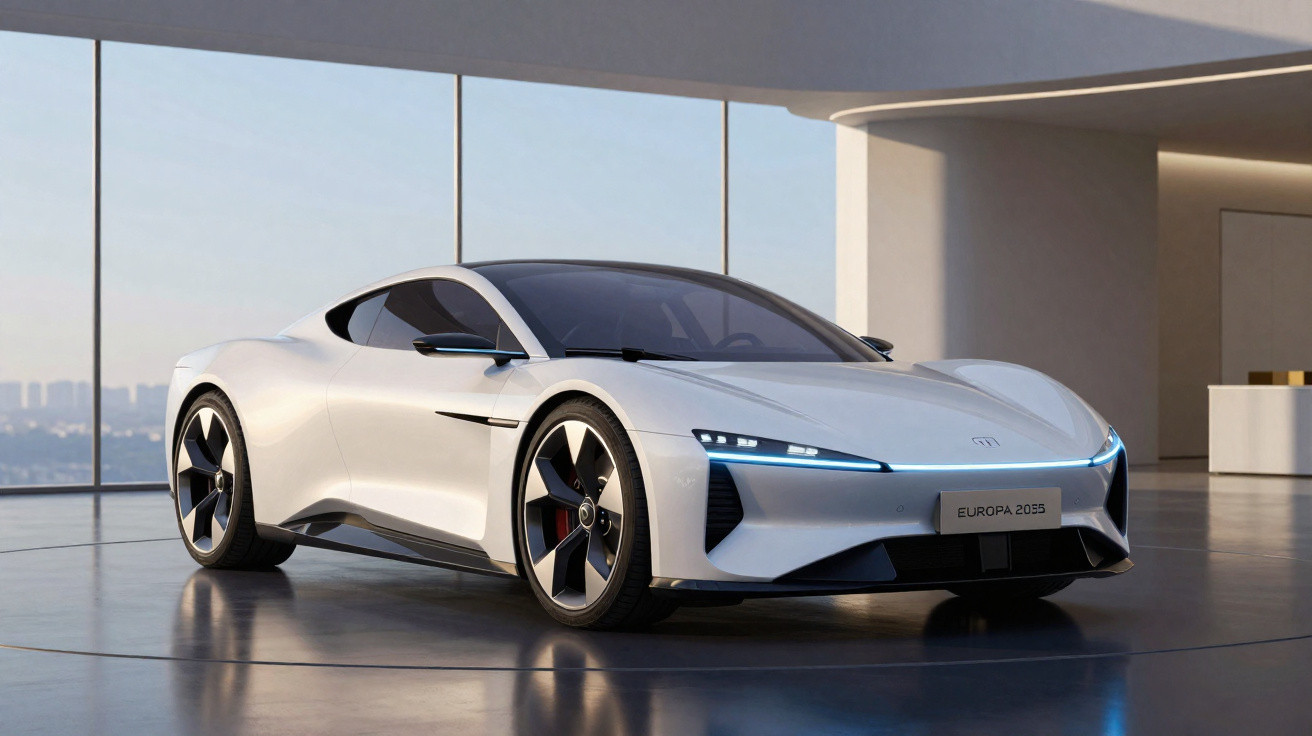 Carro desportivo elétrico branco estacionado em interior moderno com janelas grandes para paisagem urbana.