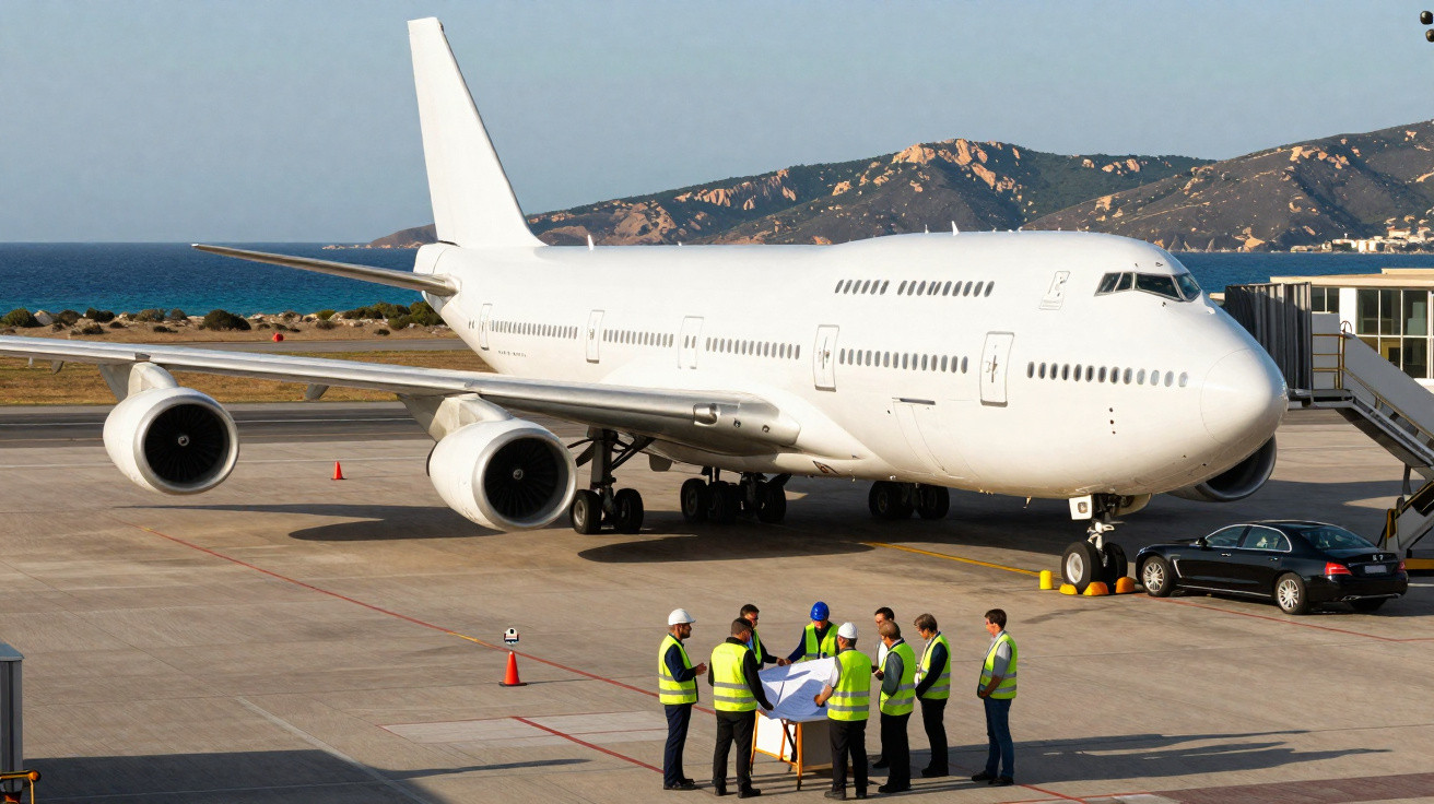 Avião branco estacionado no aeroporto com sete trabalhadores de colete refletor reunidos junto a uma planta.