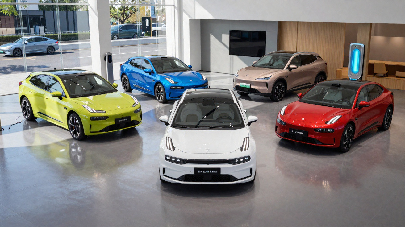 Cinco carros elétricos de várias cores expostos num showroom moderno com grandes janelas e chão polido.