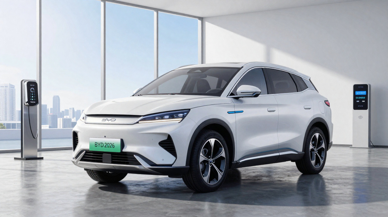 Carro elétrico branco estacionado em carregador numa garagem ampla com janelas grandes e vista urbana.