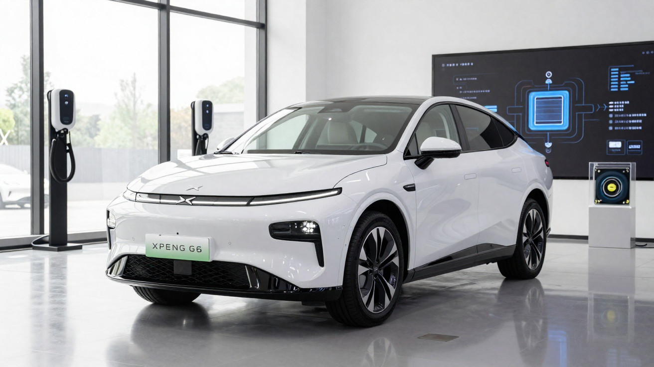 Carro elétrico branco XPENG G6 numa exposição moderna, com carrregadores e ecrã digital ao fundo.