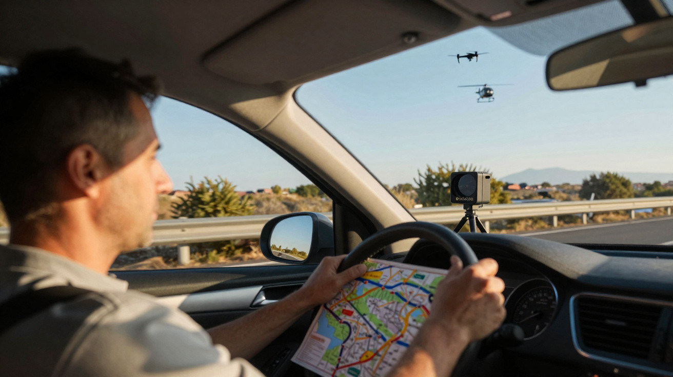 Homem a conduzir um carro com mapa na mão e drone a voar no céu numa estrada ao pôr do sol.