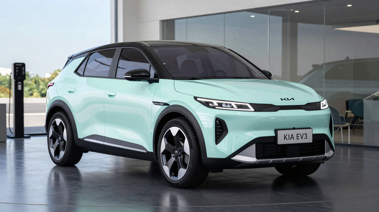 Carro eléctrico Kia EV3 verde água em exposição numa sala moderna com pavimento cinzento.