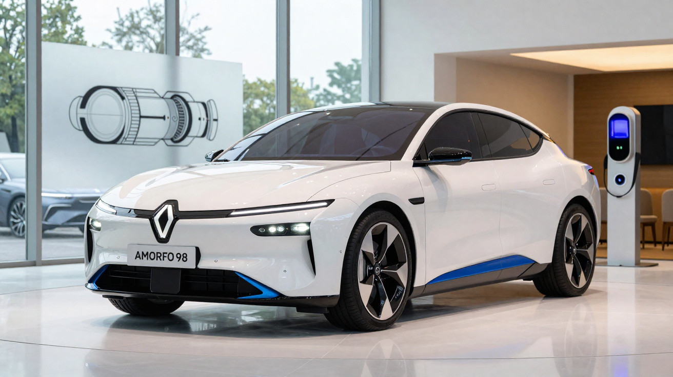 Carro elétrico branco com detalhes azuis numa sala moderna, junto a um carregador elétrico e janela grande.