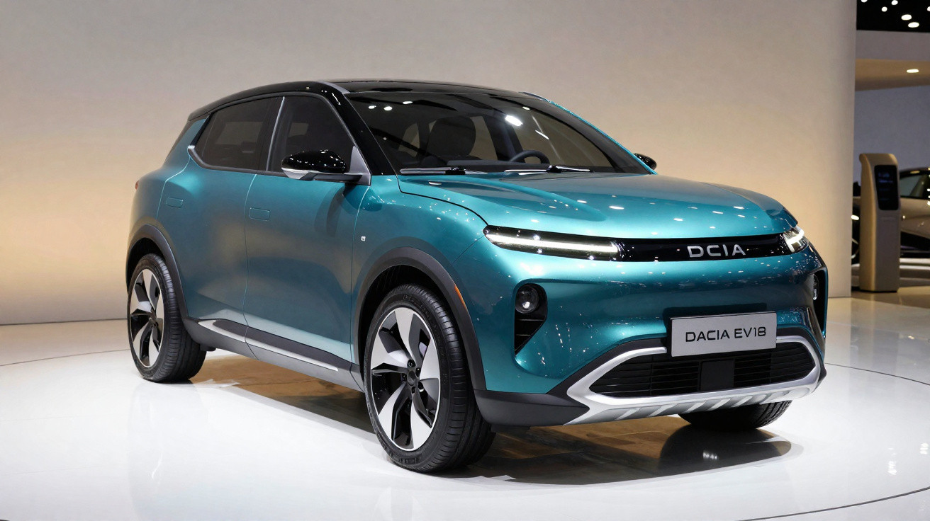 Carro elétrico Dacia EV1B azul turquesa em exposição num stand moderno e iluminado.