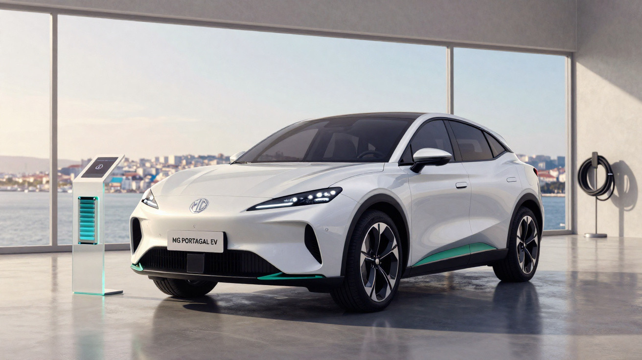 Carro elétrico branco MG Portugal EV estacionado em espaço moderno com vista para a água.