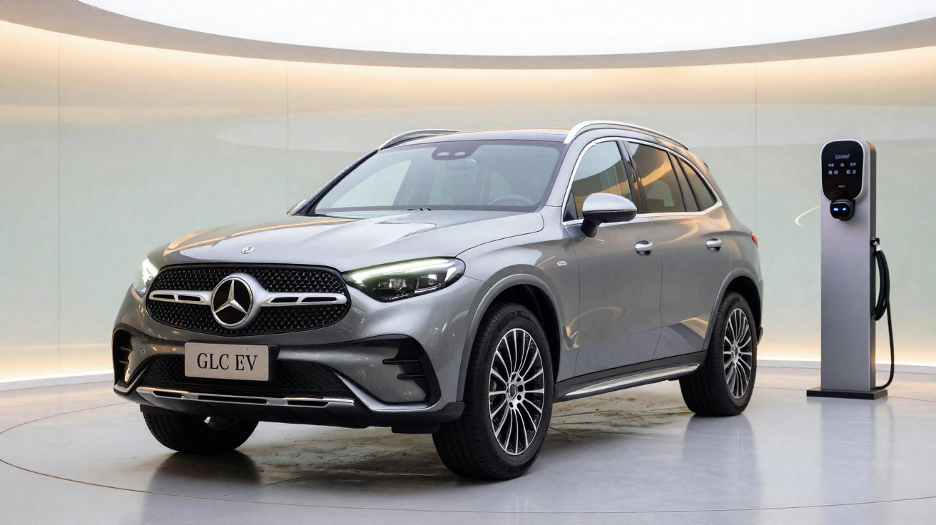 Mercedes-Benz GLC EV cinzento estacionado junto a posto de carregamento elétrico em ambiente moderno.
