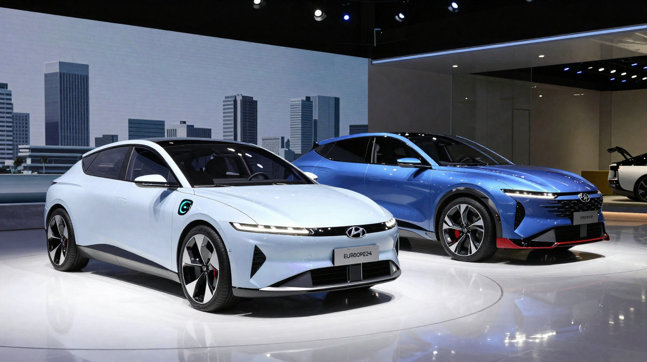 Dois carros elétricos Hyundai Ioniq 6 expostos num salão de automóveis, um branco e outro azul.
