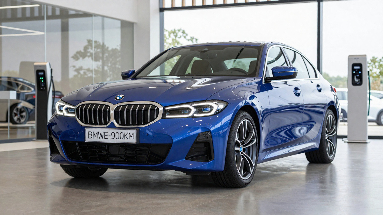 Carro BMW azul escuro estacionado em showroom moderno com carregadores de veículos elétricos ao fundo.