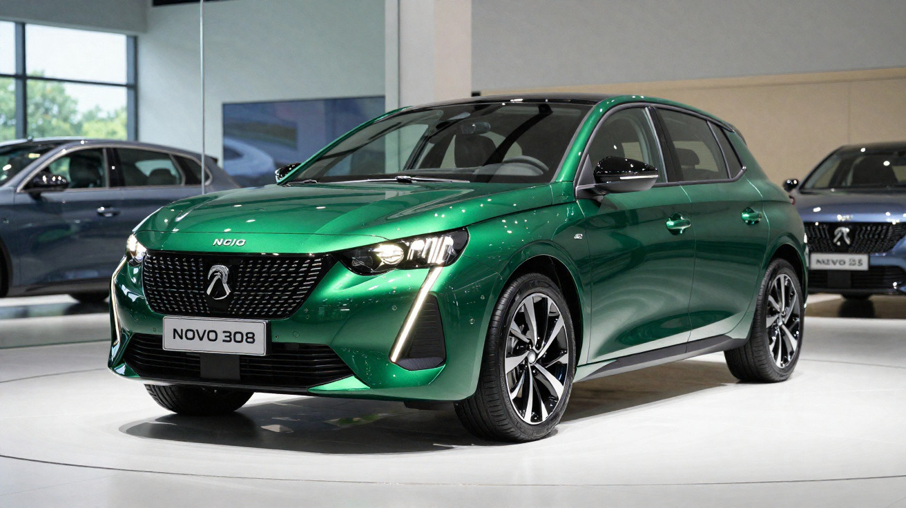 Peugeot Novo 308 verde metálico exposto em salão automóvel, destaque para faróis e grelha frontal.