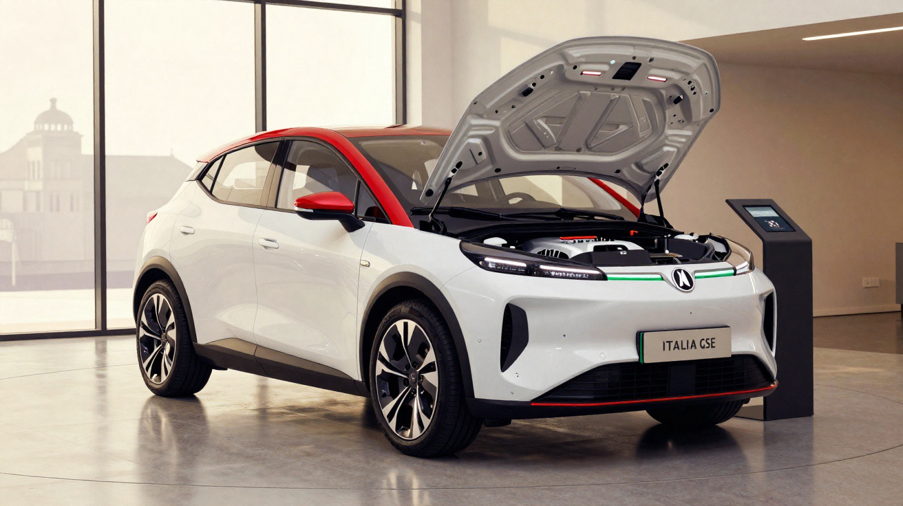 Carro elétrico branco com teto vermelho e capô aberto exposto numa sala moderna com janelas grandes.