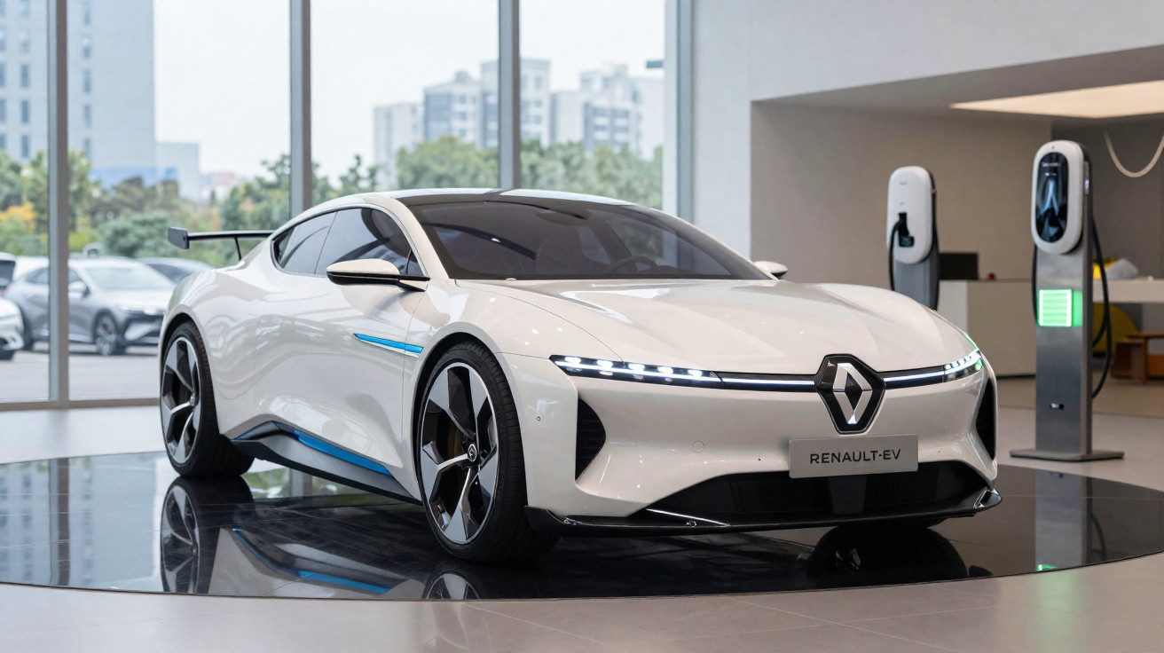 Carro elétrico branco Renault EV exposto em showroom moderno com estações de carregamento ao fundo.