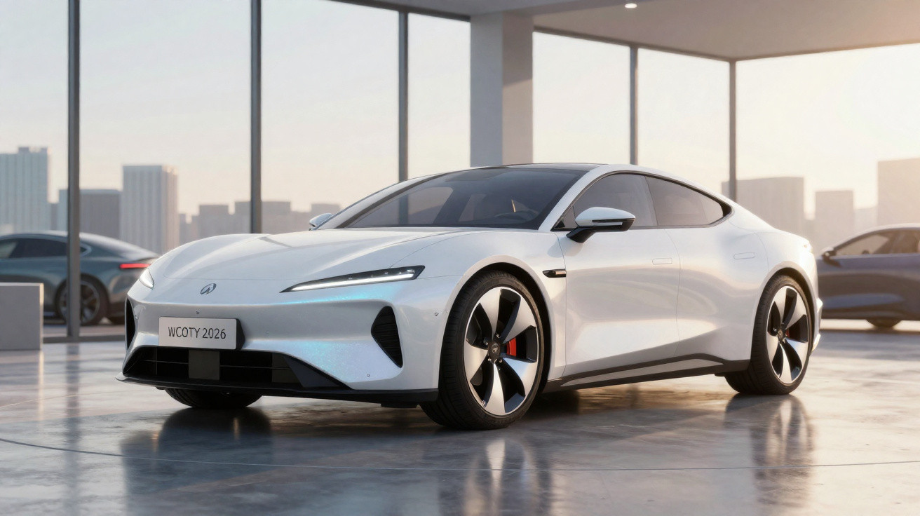 Carro elétrico branco desportivo estacionado num espaço amplo com janelas grandes e vista urbana ao fundo.