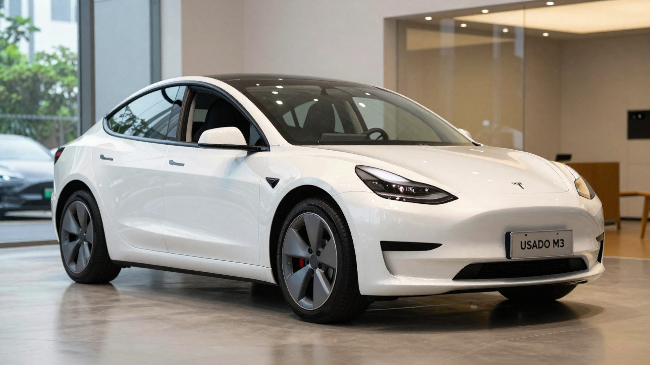 Carro elétrico branco Tesla Model 3 em exposição num showroom moderno e iluminado.