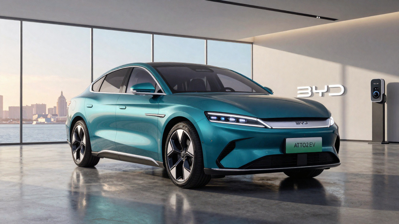Carro elétrico BYD ATTO 2 azul em showroom moderno com vista para cidade e carregador elétrico na parede.