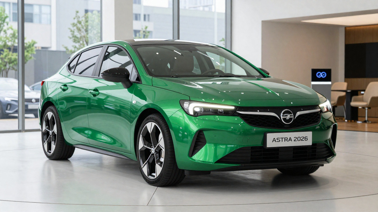 Carro Opel Astra 2026 verde exposto num showroom moderno com janelas amplas.