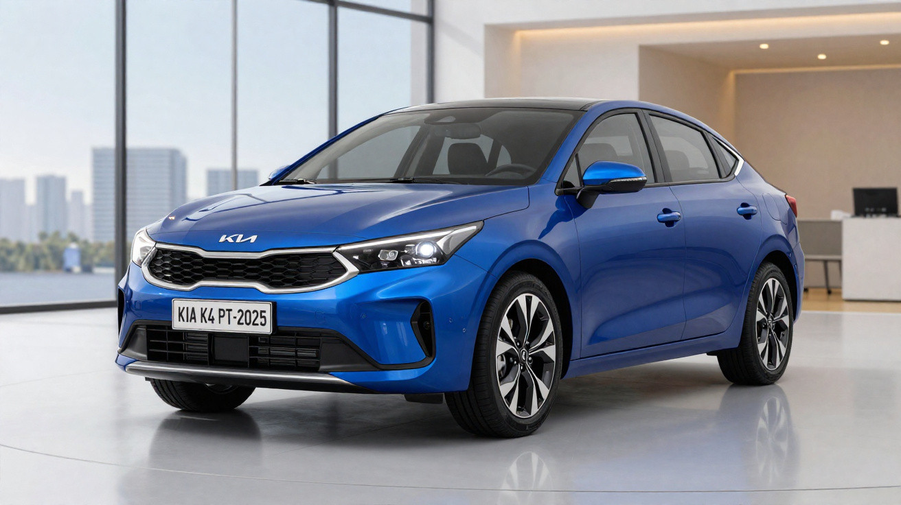 Automóvel Kia K4 azul estacionado em interior de salão moderno com janelas grandes.