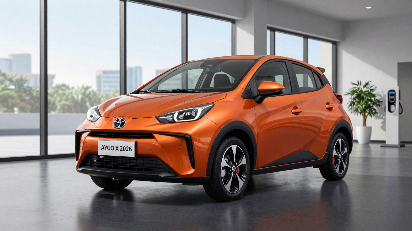 Carro compacto Toyota Aygo X 2026 cor laranja em exposição num salão moderno com grande janela de vidro.