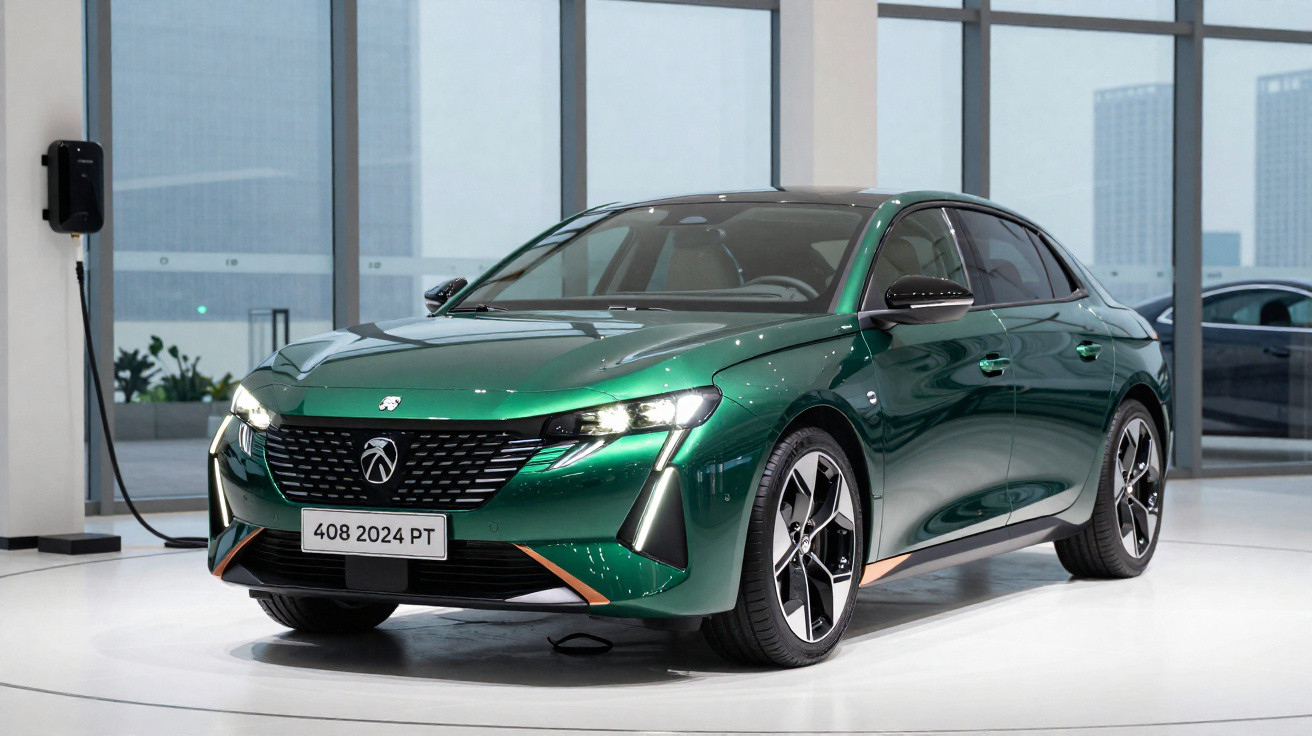 Carro elétrico verde Peugeot 408 2024 exposto numa sala com paredes de vidro e posto de carregamento.