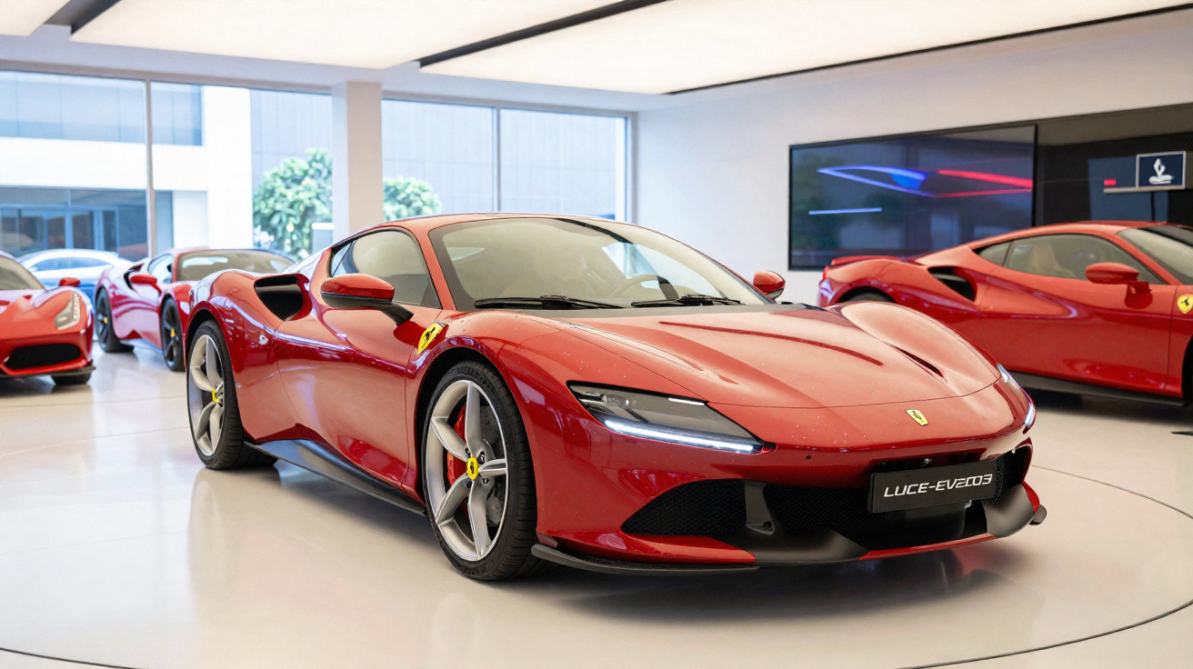Ferrari vermelha desportiva num salão com vários carros desportivos ao fundo.