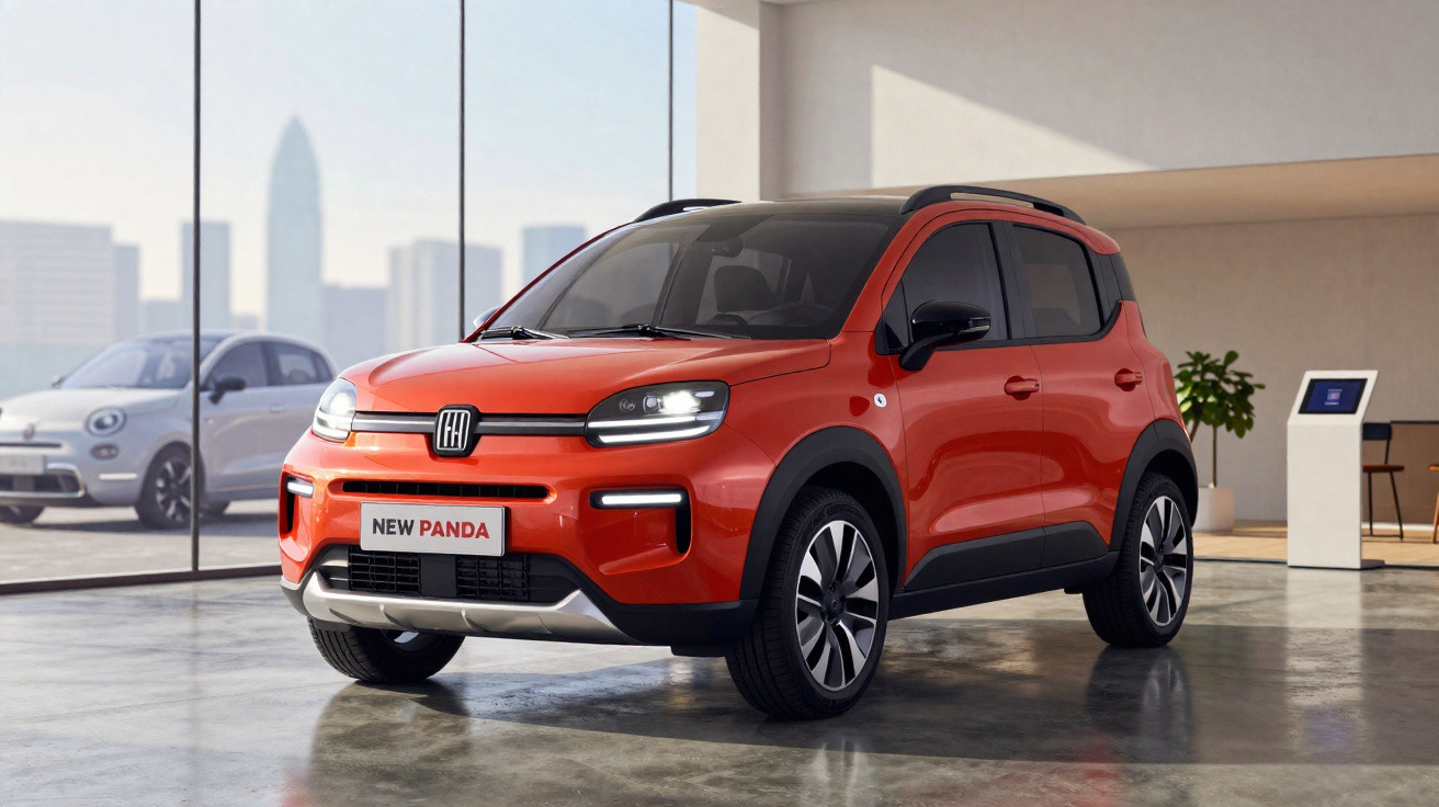 Fiat New Panda vermelho estacionado num espaço interior moderno com paredes de vidro.