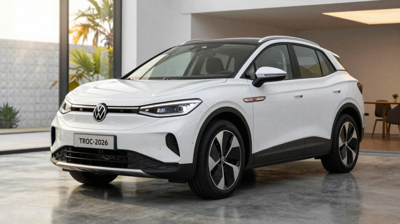 Carro elétrico Volkswagen TROC-2026 branco estacionado num espaço interior moderno e iluminado.