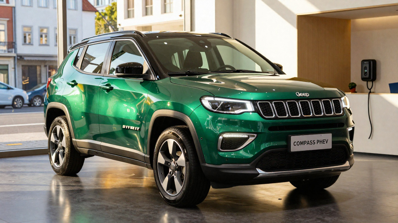 Jeep Compass PHEV verde estacionado em espaço interior com parede clara e janela iluminada ao fundo.