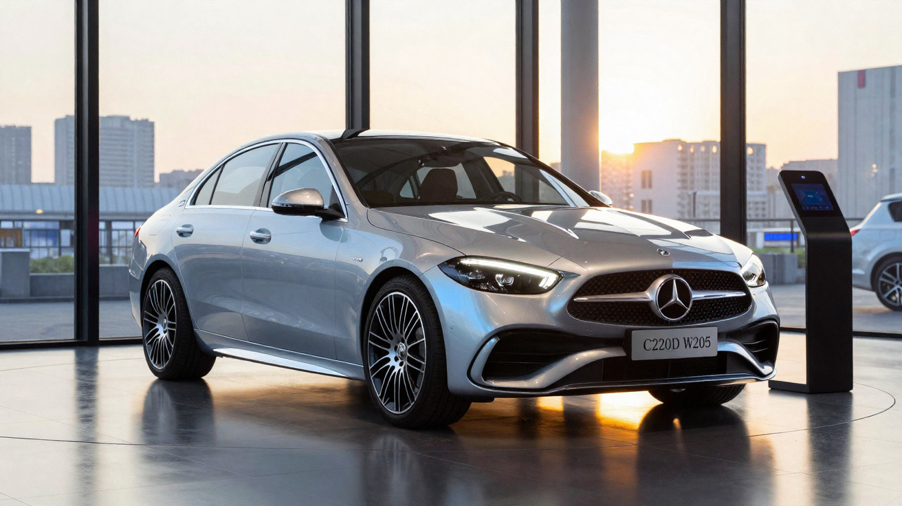 Carro Mercedes-Benz C220D W205 prata estacionado em showroom com grandes janelas e luz solar ao fundo.