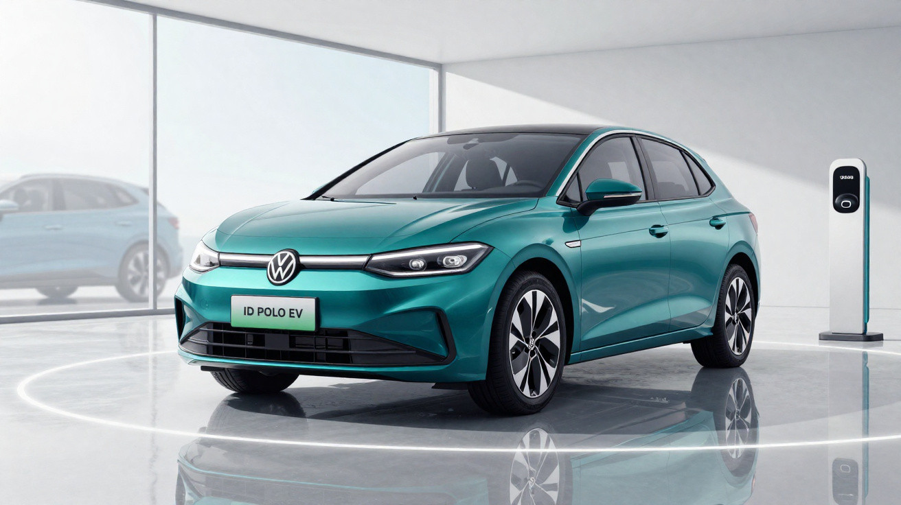 Carro elétrico Volkswagen ID. Polo EV verde estacionado em espaço moderno com carregador elétrico ao lado.