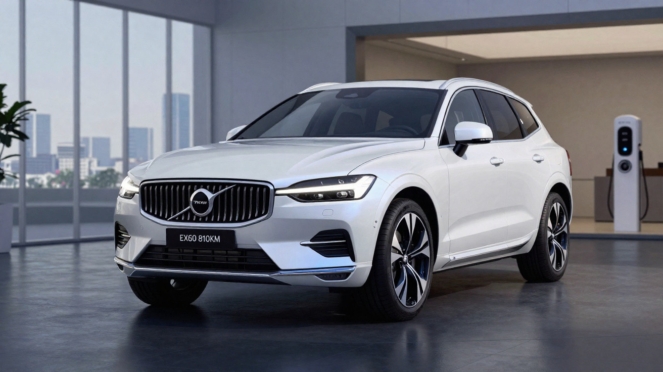 Automóvel Volvo branco estacionado num espaço interior moderno com várias janelas e posto de carregamento elétrico.