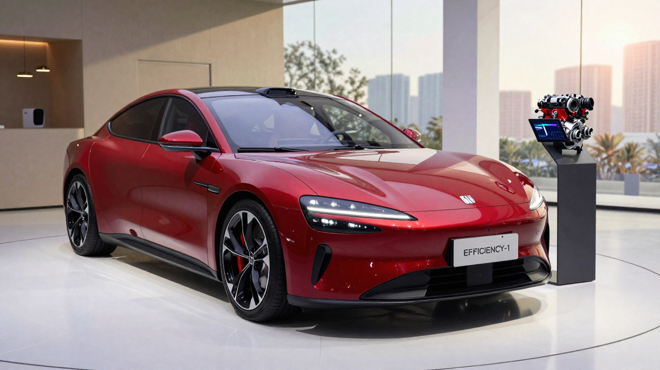 Carro desportivo elétrico vermelho estacionado em exposição interior com motor em pedestal próximo.