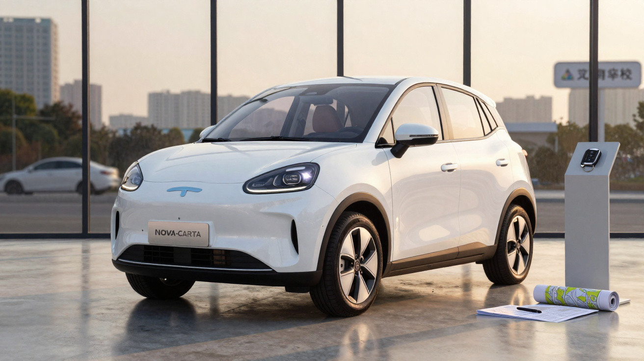 Carro elétrico branco estacionado em espaço moderno com vidros amplos e documentos no chão.